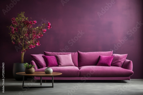 Modern purple sofa with pillows against a background of a purple wall and a pot with a large flower