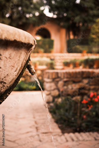 Detail of a fountain at the entrance of the famous Taifa Palace in the Alcazaba of Malaga, Spain. Water is central element of Moorish architecture as it symbolizes spiritual purification. photo