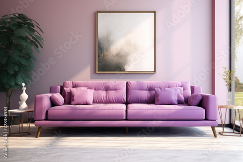 A beautiful modern purple sofa by the window and a beautiful large flower. An painting hangs above the sofa. Copy space © syhin_stas