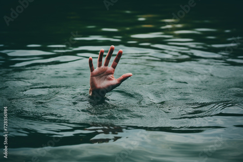 a hand emerging from a lake, reaching up as if trying to grab something