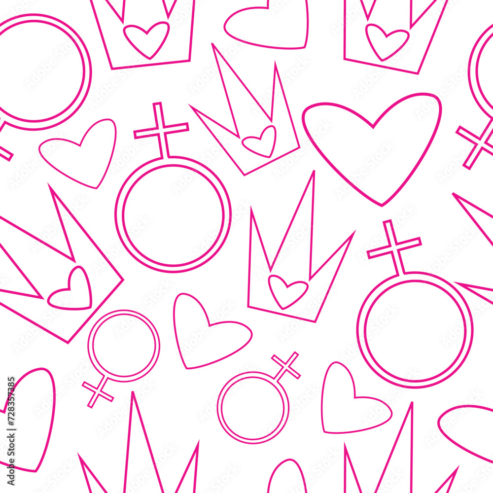 seamless pattern on the gender theme, namely symbols of the female gender, crowns and hearts of different sizes drawn with a pink outline