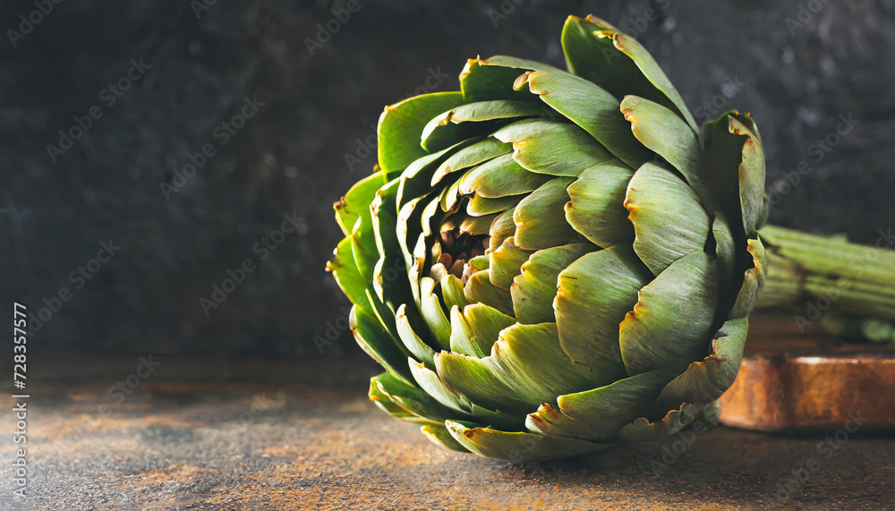 Fototapeta premium Artichoke close-up. Dark background, copyspace
