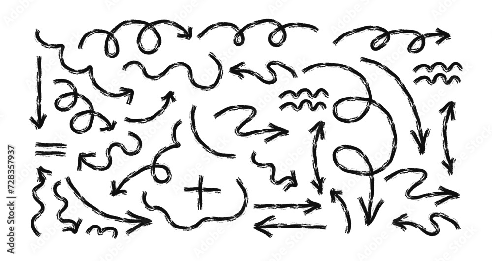 Hand drawn crayon chalk charcoal line arrows set. curvy and wavy arrows isolated on white. Group of squiggles and scribbles strokes. Elements for diagrams. doodle marker Hand drawn crayon chalk charcoal line arrows set. curvy and wavy arrows isolated on white. Group of squiggles and scribbles strokes. Elements for diagrams. doodle marker