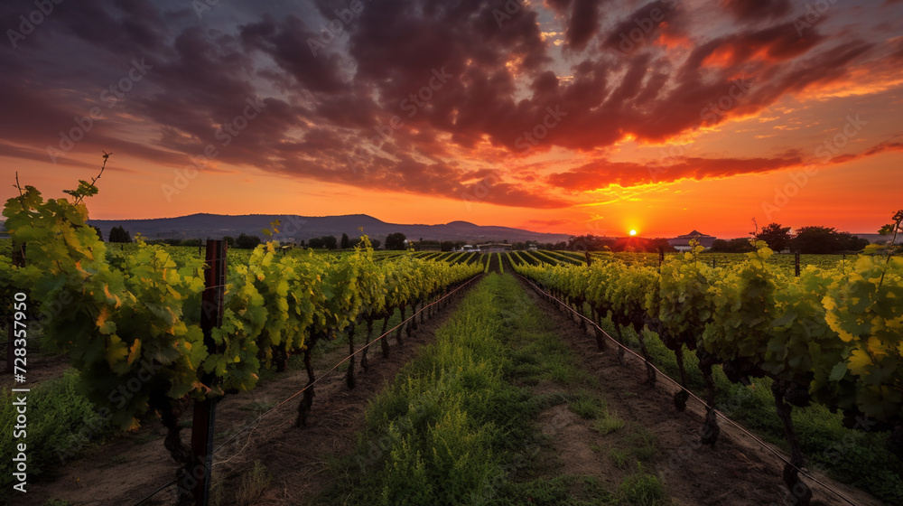 A serene vineyard with rows of grapevines and a peaceful sunset, Peaceful, Vineyard, Ultra Realistic, National Geographic,