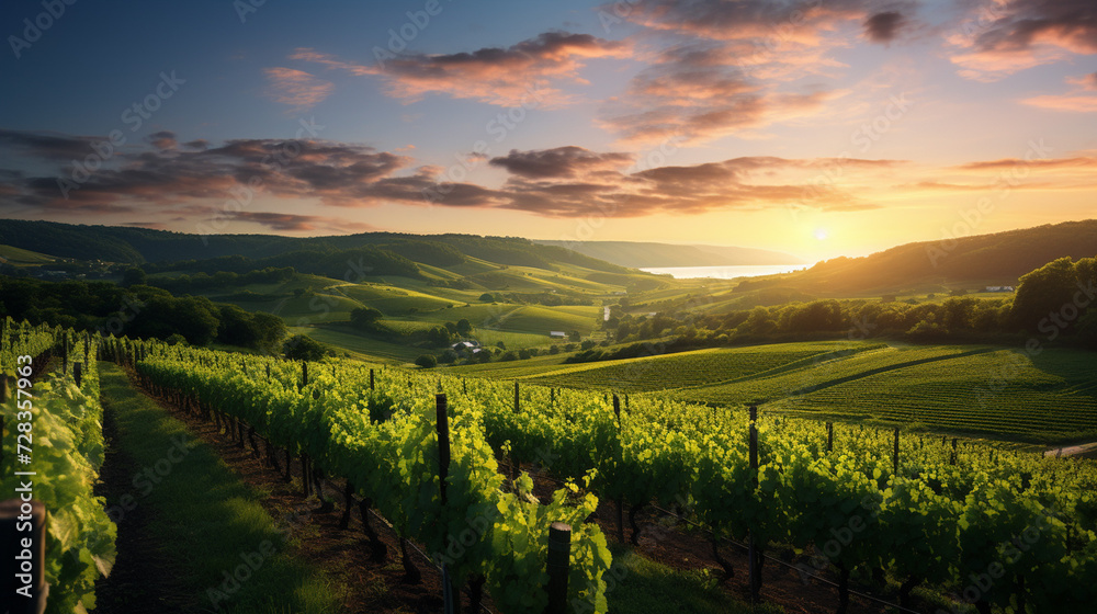 A serene vineyard with rows of grapevines and a peaceful sunset, Peaceful, Vineyard, Ultra Realistic, National Geographic, 
