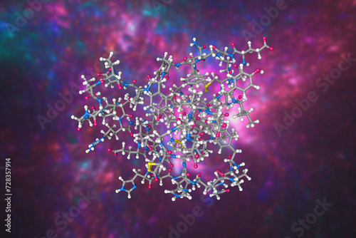 Single-chain insulin. Molecular model. Atoms are shown as spheres with conventional color coding: carbon (grey), oxygen (red), hydrogen (white), nitrogen (blue), sulfur (yellow). 3d illustration