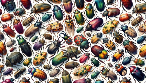 A vibrant and diverse array of beetles  showcasing a range of colors  patterns  and sizes  meticulously arranged on a white background