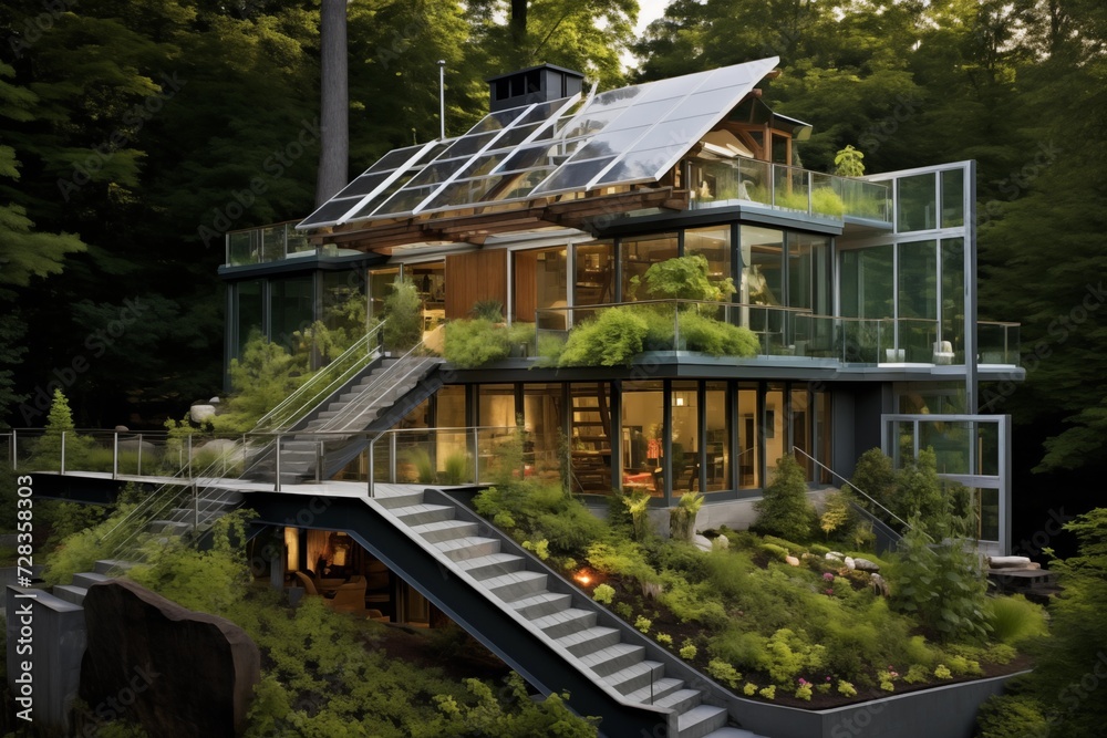 3d rendering of a modern house with solar panels on the roof. Ai Generated. 3d rendering of a modern house with solar panels on the roof. Ai Generated.