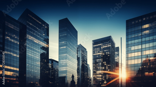 A view of a city skyline with multiple tall buildings at sunset  creating an abstract business and finance background.