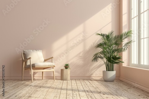 Minimalist Living Room Interior with Sizable Plant and Chair in Soft Light © AIGen