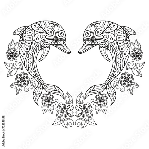 Dolphin heart frame hand drawn for adult coloring book