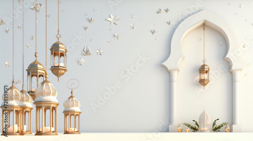 Elegant ramadan kareem lantern with white background text copy space. Generative ai