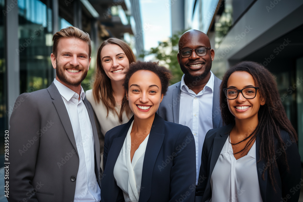 Group of diverse business team employees looking at camera in front of company building