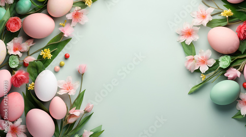 Bright Easter background with eggs in pastel pink colors with spring pink flowers form a frame on a light green background with copy space for text