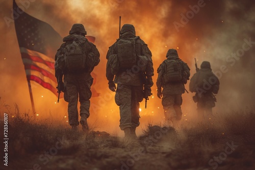 Warrior Walk Four Soldiers Marching Together in the Dust Generative AI