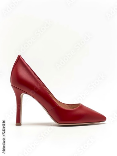 Dark red leather high heel shoe on white background.