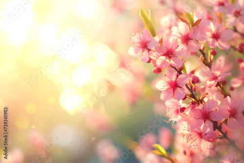 Blooming Sakura Flowers And Sky - Spring Background With Defocused abstract Light