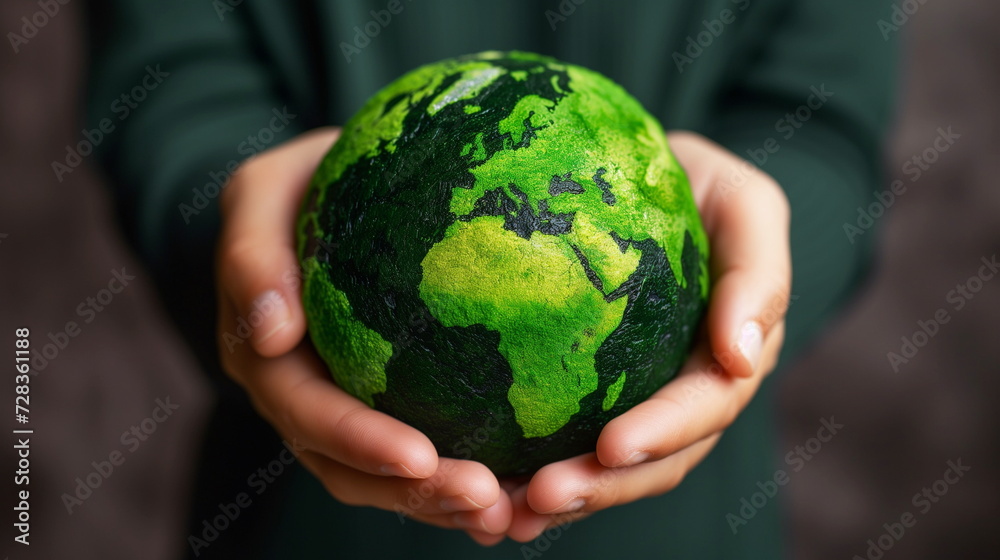 person's hands cradle a green, earth-painted ball, symbolizing environmental care and sustainability