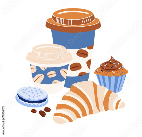 Takeaway Coffee Cup with Croissant, cupcake and Macaron