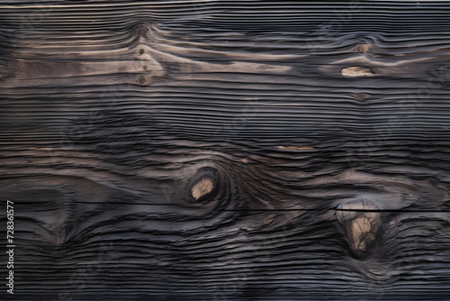 Texture of black and dark brown old wood. Charred and burnt old Board with knots. Wide burned board texture close-up, panoramic banner isolated on white background. Generative AI.