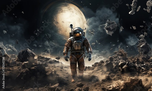 Astronaut gracefully traverses the lunar surface, surrounded by a surreal landscape of moon dust and the remnants of space debris, capturing the delicate juxtaposition of celestial exploration and the © .shock