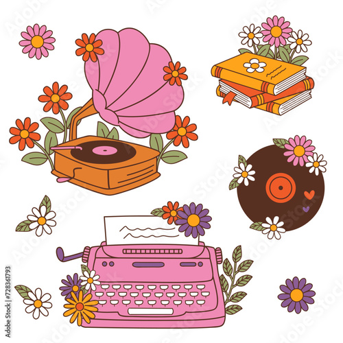 set of isolated retro gramophone, typewriter, books, vinyl record