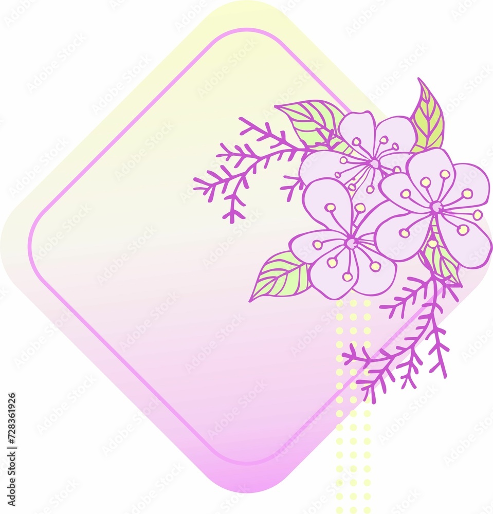 Composition of isolated cute cartoon botanical elements with lilac outline on gradient geometric frame background. Digital illustration in flat style, suitable for card making, branding, social media.