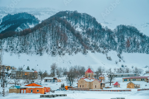 Beautiful view in Mestai, a rural village in northern Georgia. In the winter covered with snow.
