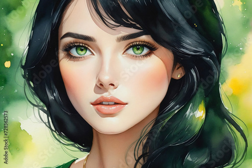 Illustration of a woman with black hair and green-gold eyes, watercolor art styles, bokeh, natural lighting photo