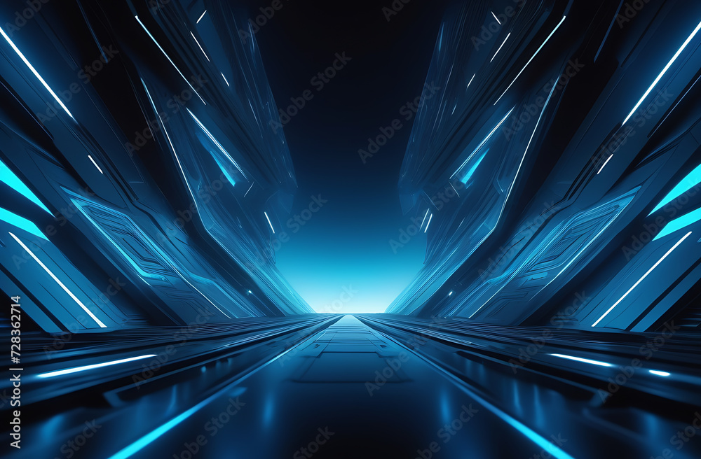 Futuristic background. Steel black metal virtual grid surface with blue glowing lights. Sci fi backdrop, spaceship interior. Cyberspace and future technology. Tunnel corridor, stage showroom - obrazy, fototapety, plakaty 