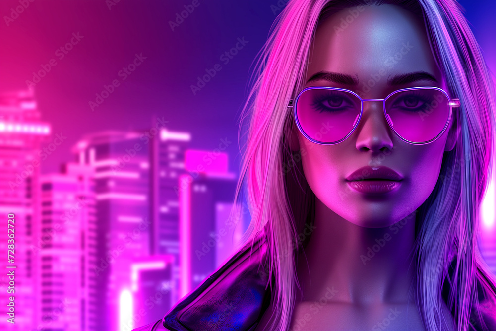 Portrait of a girl wearing digital glasses in cyberpunk style. Against the backdrop of the city in neon light. Future concept. Advanced digital technologies Portrait of a girl wearing digital glasses in cyberpunk style. Against the backdrop of the city in neon light. Future concept. Advanced digital technologies