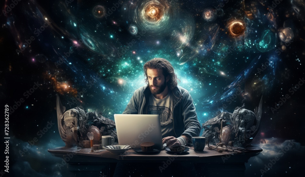 Hacker engrossed in his laptop delves into the intricate realms of cyberspace, surrounded by the vast expanse of a cosmic universe, symbolizing the fusion of technological prowess and the infinite Hacker engrossed in his laptop delves into the intricate realms of cyberspace, surrounded by the vast expanse of a cosmic universe, symbolizing the fusion of technological prowess and the infinite