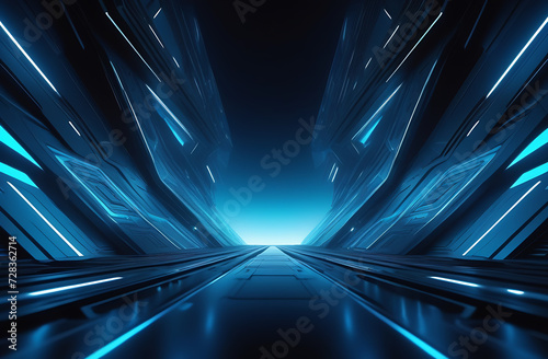 Futuristic background. Steel black metal virtual grid surface with blue glowing lights. Sci fi backdrop, spaceship interior. Cyberspace and future technology. Tunnel corridor, stage showroom