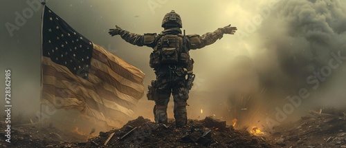 Army Soldier in Camouflage Outfit Raising His Arms in Front of a Flag Generative AI