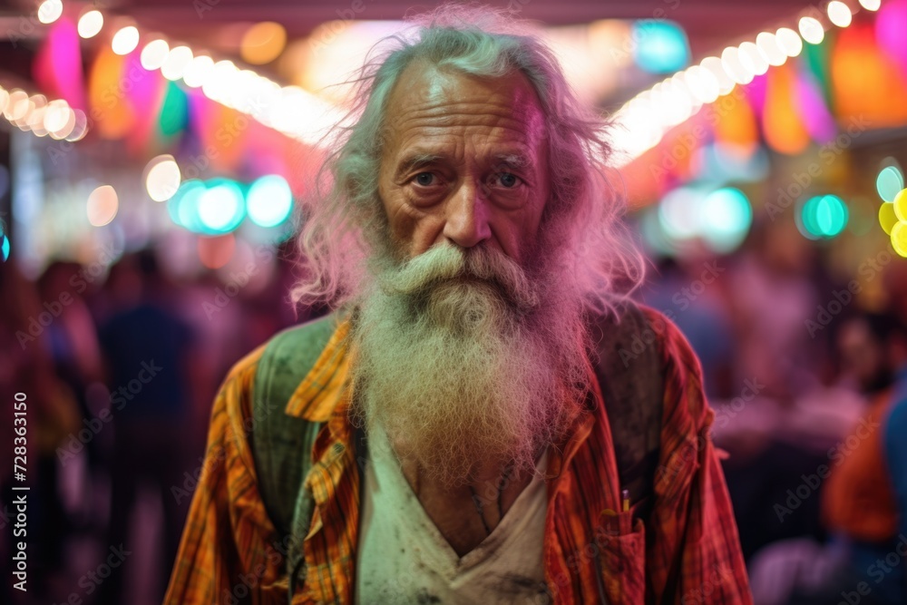 An old man with a long beard standing in a crowded market. Generative AI.