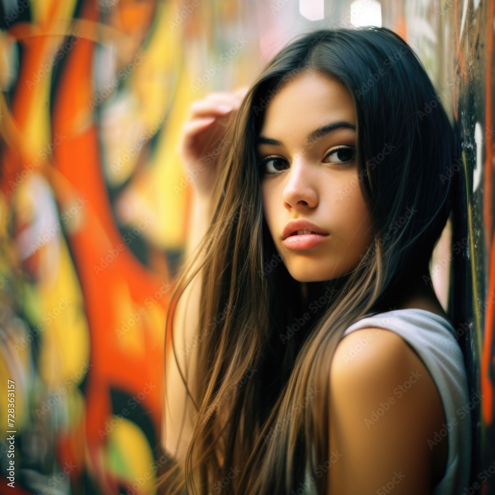 Beautiful young woman with long hair standing in front of graffiti wall. Generative AI. Beautiful young woman with long hair standing in front of graffiti wall. Generative AI.