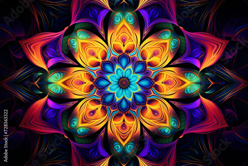 Psychedelic mandala fractal pattern, vibrant, neon, vintage decorative element