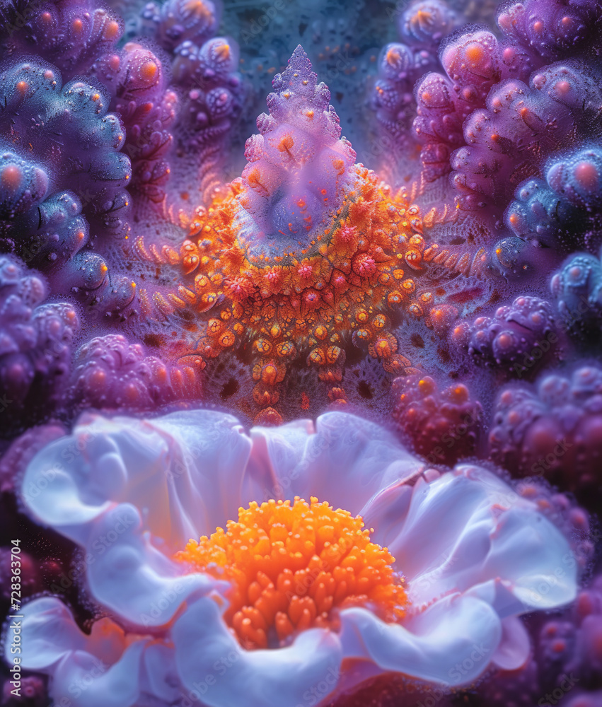 Fototapeta premium Psychedelic mandala fractal pattern, floral forms, vibrant, neon, vintage decorative element