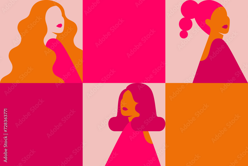 Poster with silhouettes of women and square empty spaces for text. Horizontal Banner with girls in pink colors for Womens Day celebration. Vector background for Empowerment of females. Poster with silhouettes of women and square empty spaces for text. Horizontal Banner with girls in pink colors for Womens Day celebration. Vector background for Empowerment of females.