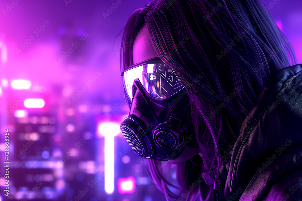 Portrait of a cyberpunk girl in a futuristic leather jacket, gas mask. Portrait against the backdrop of the city in neon lights. Future concept. Portrait of a cyberpunk girl in a futuristic leather jacket, gas mask. Portrait against the backdrop of the city in neon lights. Future concept.
