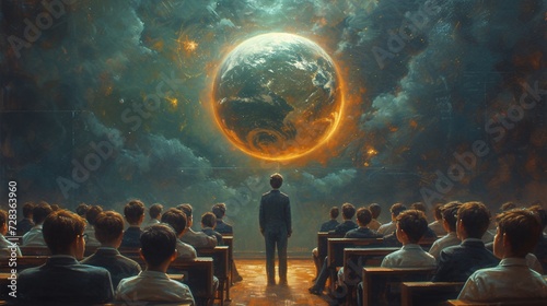 Earth Rising - A captivating painting of a man standing in front of a classroom. Generative AI