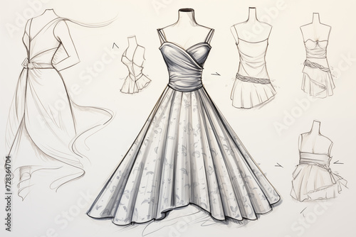 handmade sketches of women's fashion dresses and patterns