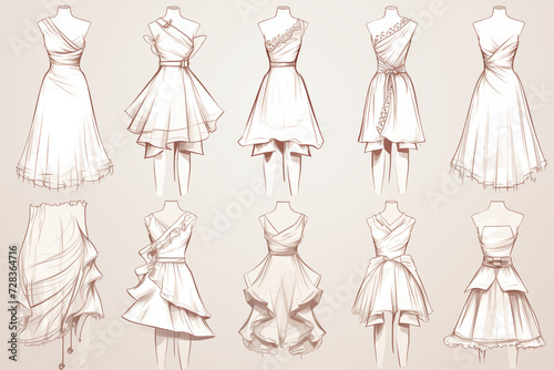 handmade sketches of women's fashion dresses and patterns