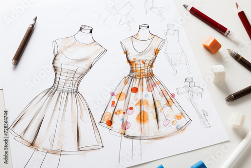 handmade sketches of women's fashion dresses and patterns