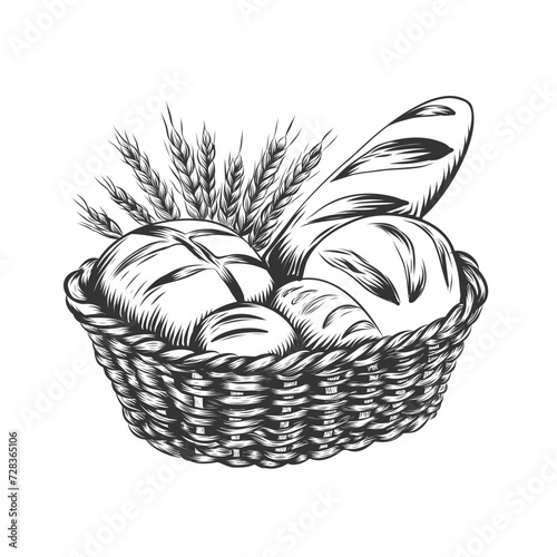 Wicker rustic basket full of baked fresh bread. Bakery food  breadstuff sketch vintage vector illustration flour products in Engraving style for special offer  bakery shop  windows design.