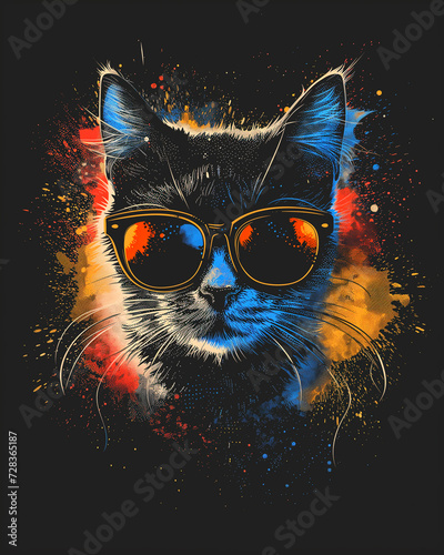 Portrait of a cat on a black background wearing sunglasses, modern print for clothes, t-shirts. © Bonya Sharp Claw