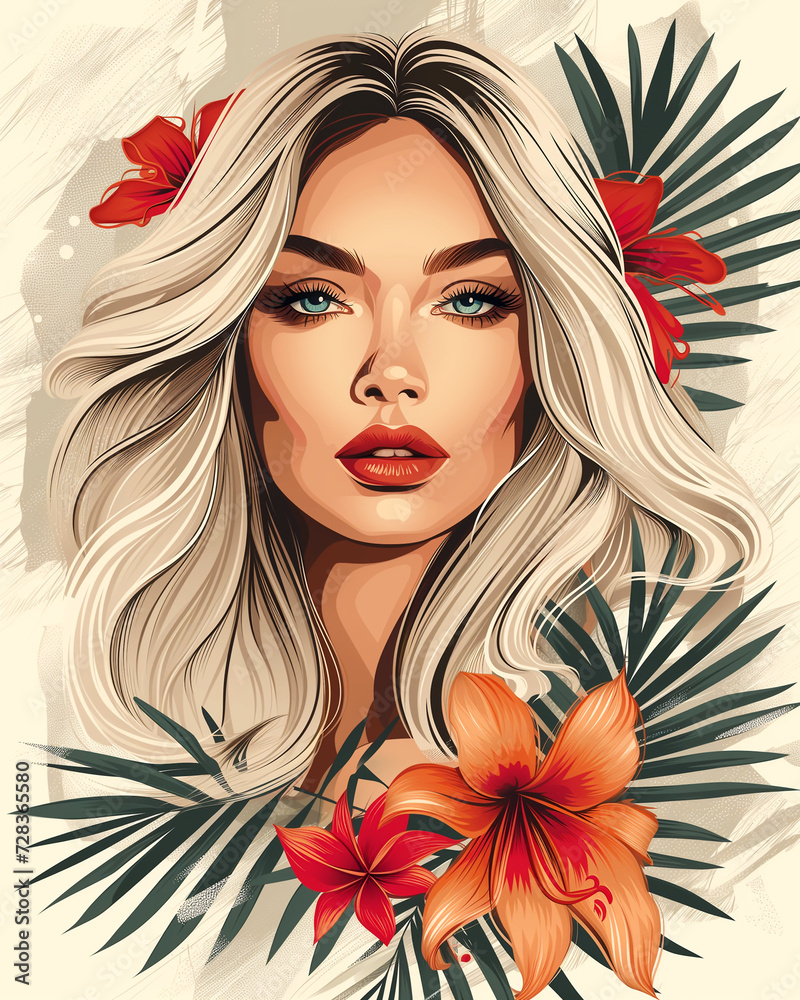 Fashionable image for printing on clothes. Portrait of a young girl with blond hair, orchids, on a white background. Fashionable image for printing on clothes. Portrait of a young girl with blond hair, orchids, on a white background.