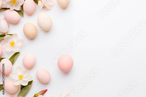 Easter holiday background with eggs and flowers. Easter template  mockup  with copy space for text.