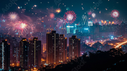 A stunning cityscape at night with colorful fireworks lighting up the sky, symbolizing the joyous celebration of Chinese New Year in an urban setting. 