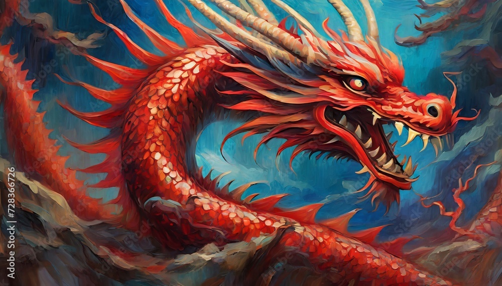 Red dragon. Legendary creature in Chinese mythology. Oil painting